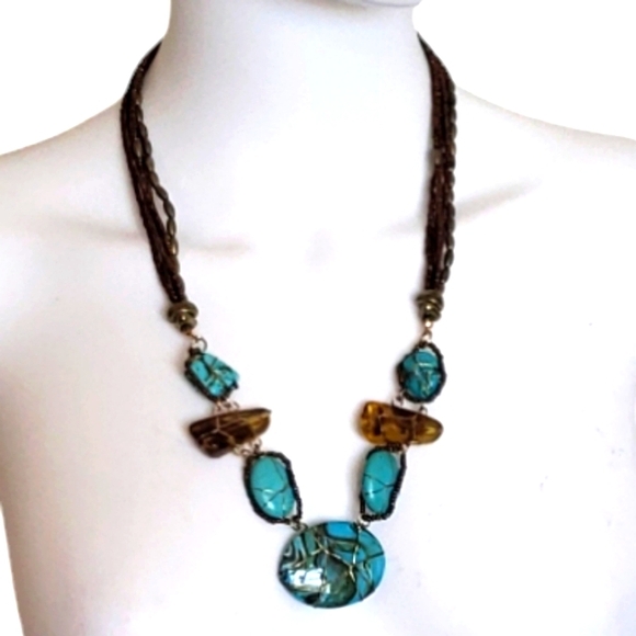 Antique Beautiful Turquoise & Brown Stone Wrapped Gold Tone Wires & Beaded - Picture 1 of 14